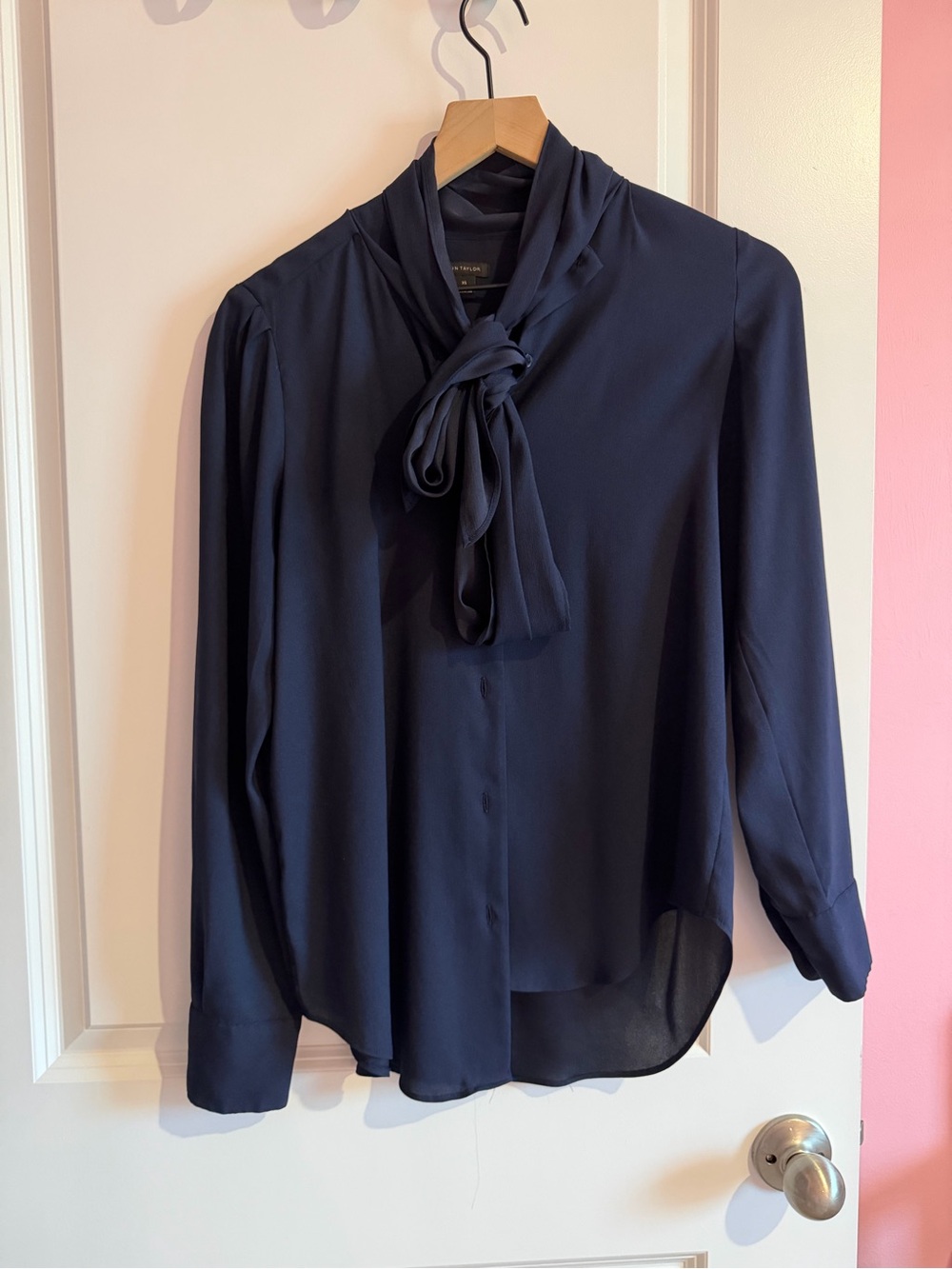 Ann Taylor Navy Tie-Neck Blouse
